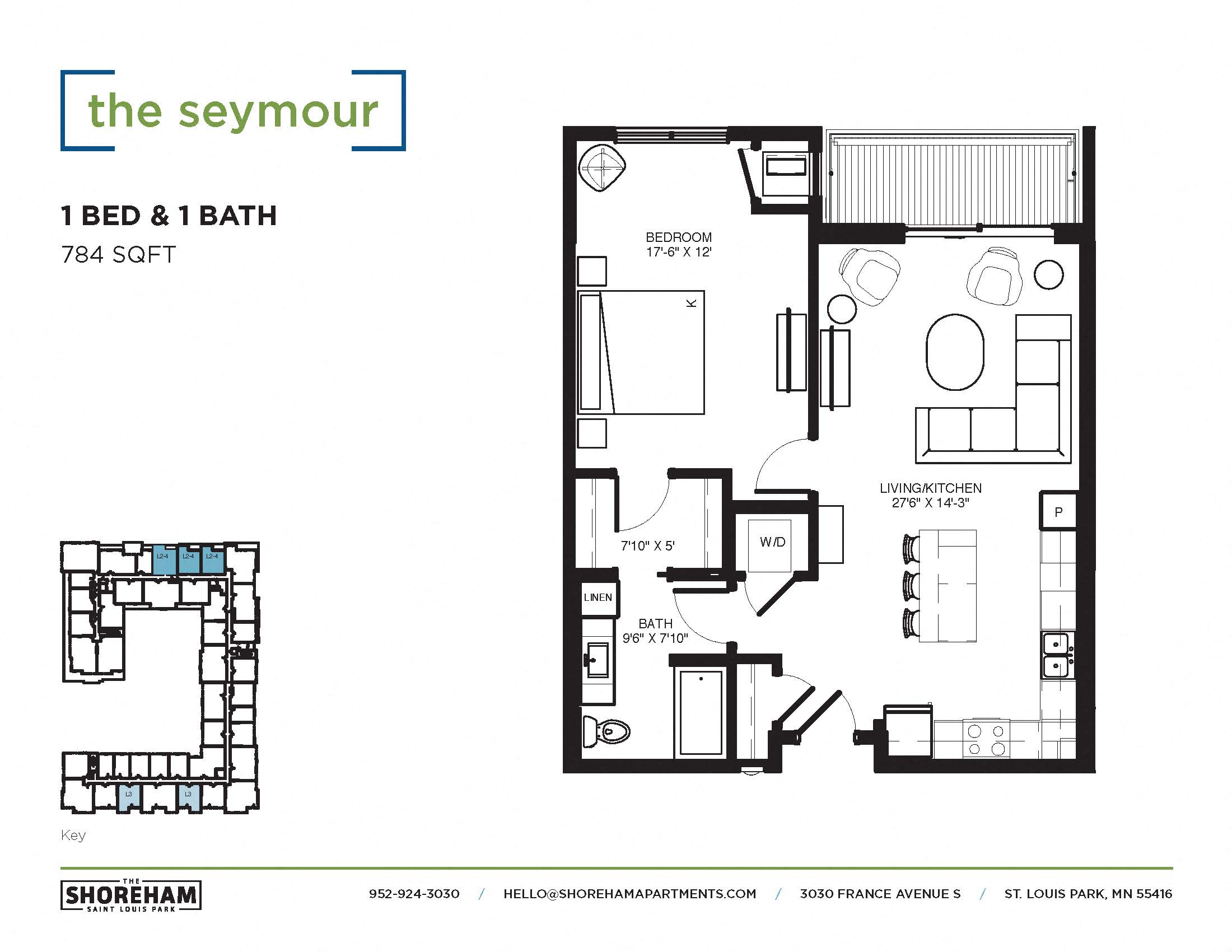 Floor plan for 1 bed, 1 bath, 784 sqft